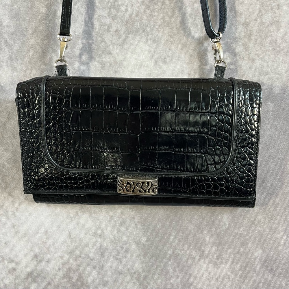Brighton Travel The World Black Croc Embossed Leather Clutch Crossbody Bag